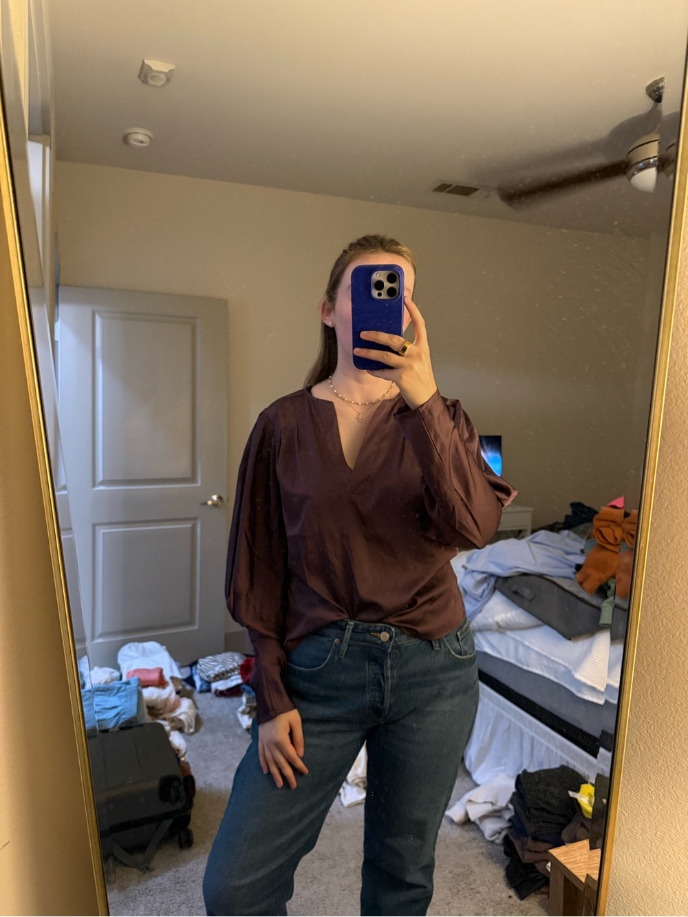 Purple Pleated Sleeve Satin Blouse